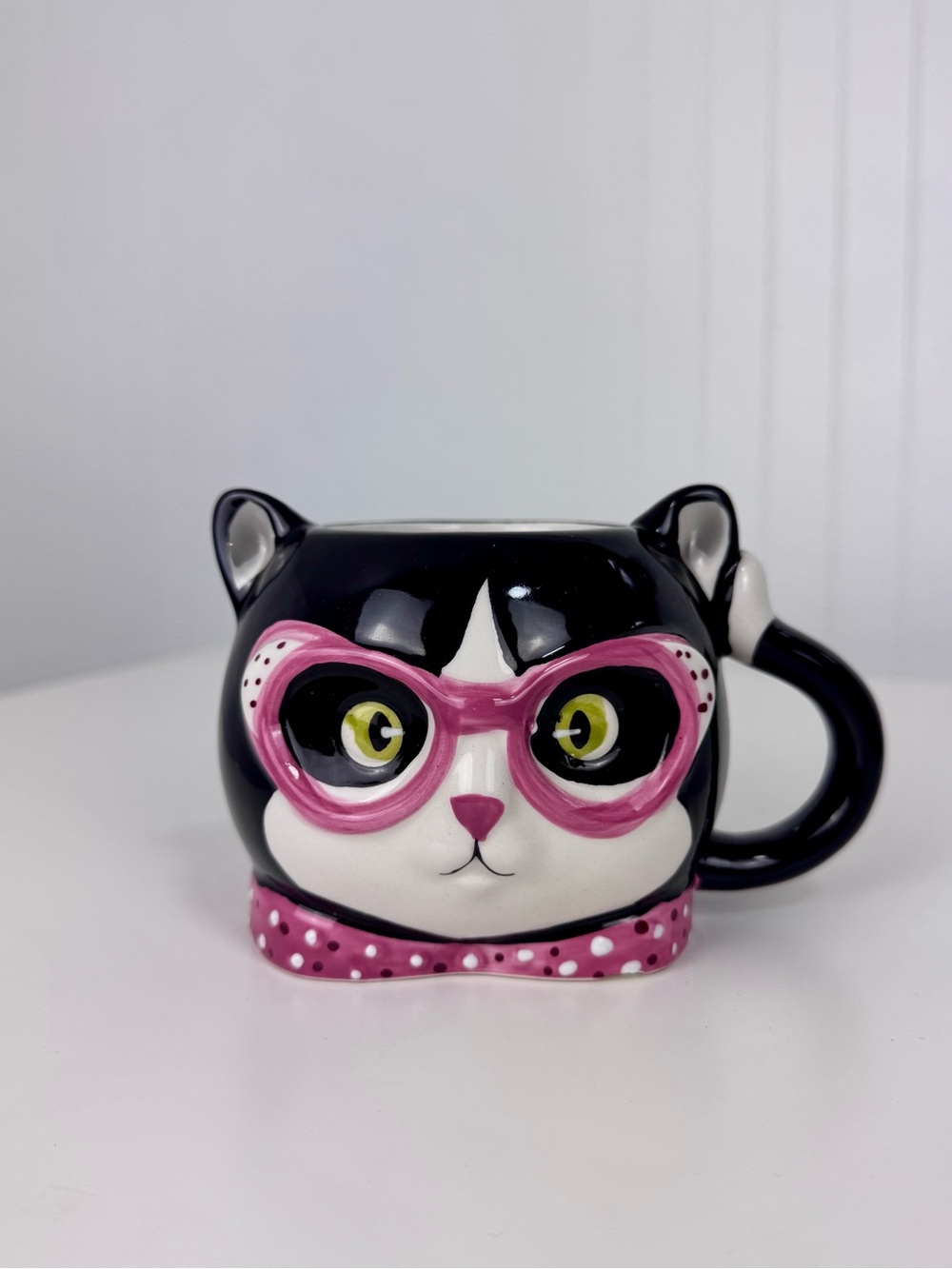 Cute Black & Pink Cat Mug with Glasses